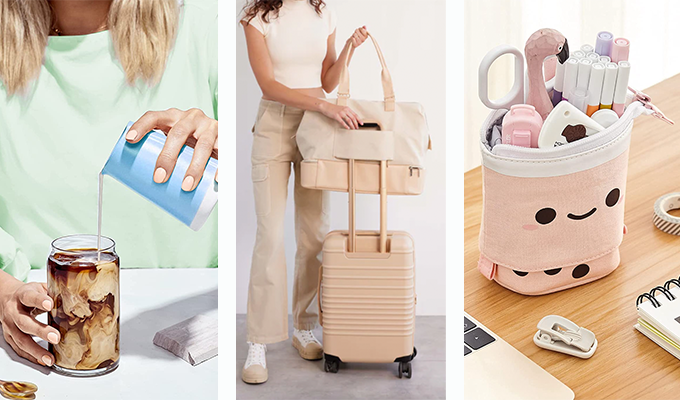 woman pouring milk into iced coffee glass next to person in beige clothes with beige beis bags and a boba tea cup pencil case, all gift ideas for organized people