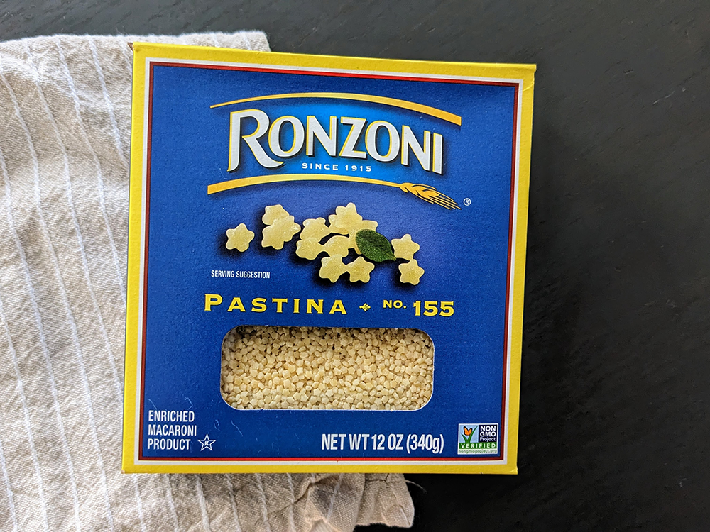 Ronzoni pastina in a blue and yellow box, which was recently discontinued