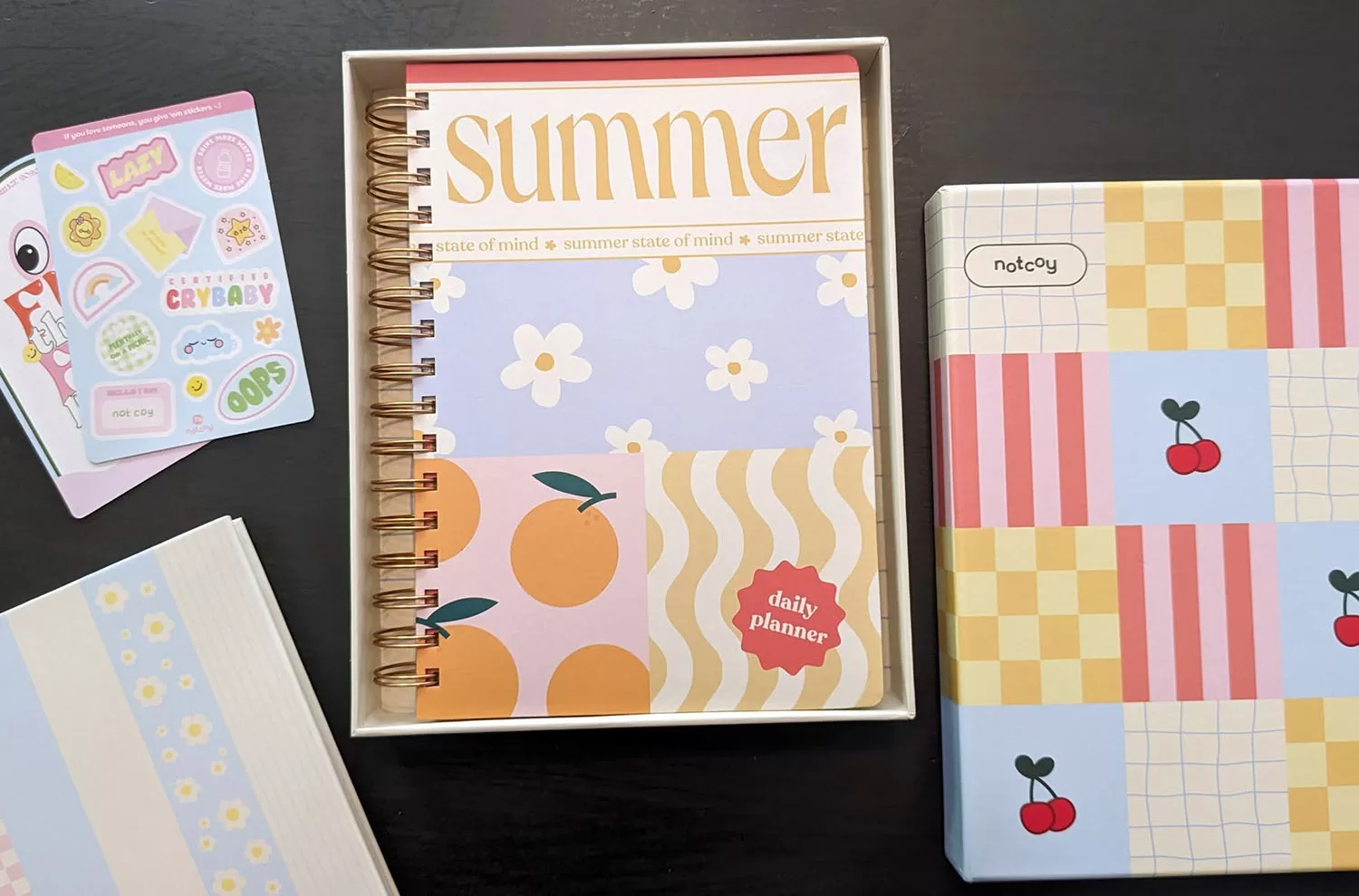 notcoy daily planner, shown in the Slice of Summer style with stickers and case